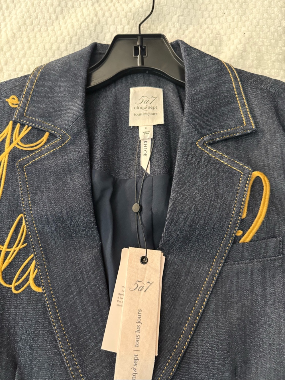 cinq a sept Navy Denim Blazer with Gold Script Embroidery - Picture 2 of 6
